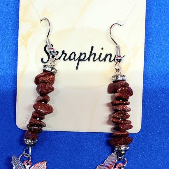 Tiger Eye Shiny Stone Chip Silver Butterfly Dangle Earrings - Picture 2 of 2